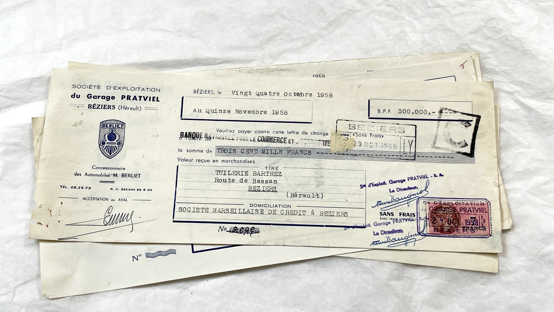 1950s - Lot of 6 Vintage French Bills of Exchange – Handwritten Commercial Documents with Stamps
