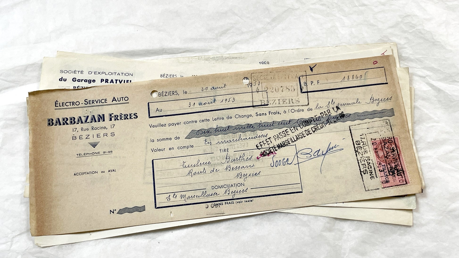 1950s - Lot of 6 Vintage French Bills of Exchange – Handwritten Commercial Documents with Stamps