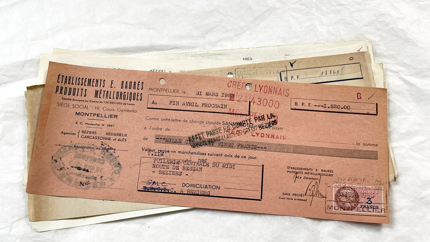 1950s - Lot of 6 Vintage French Bills of Exchange – Handwritten Commercial Documents with Stamps