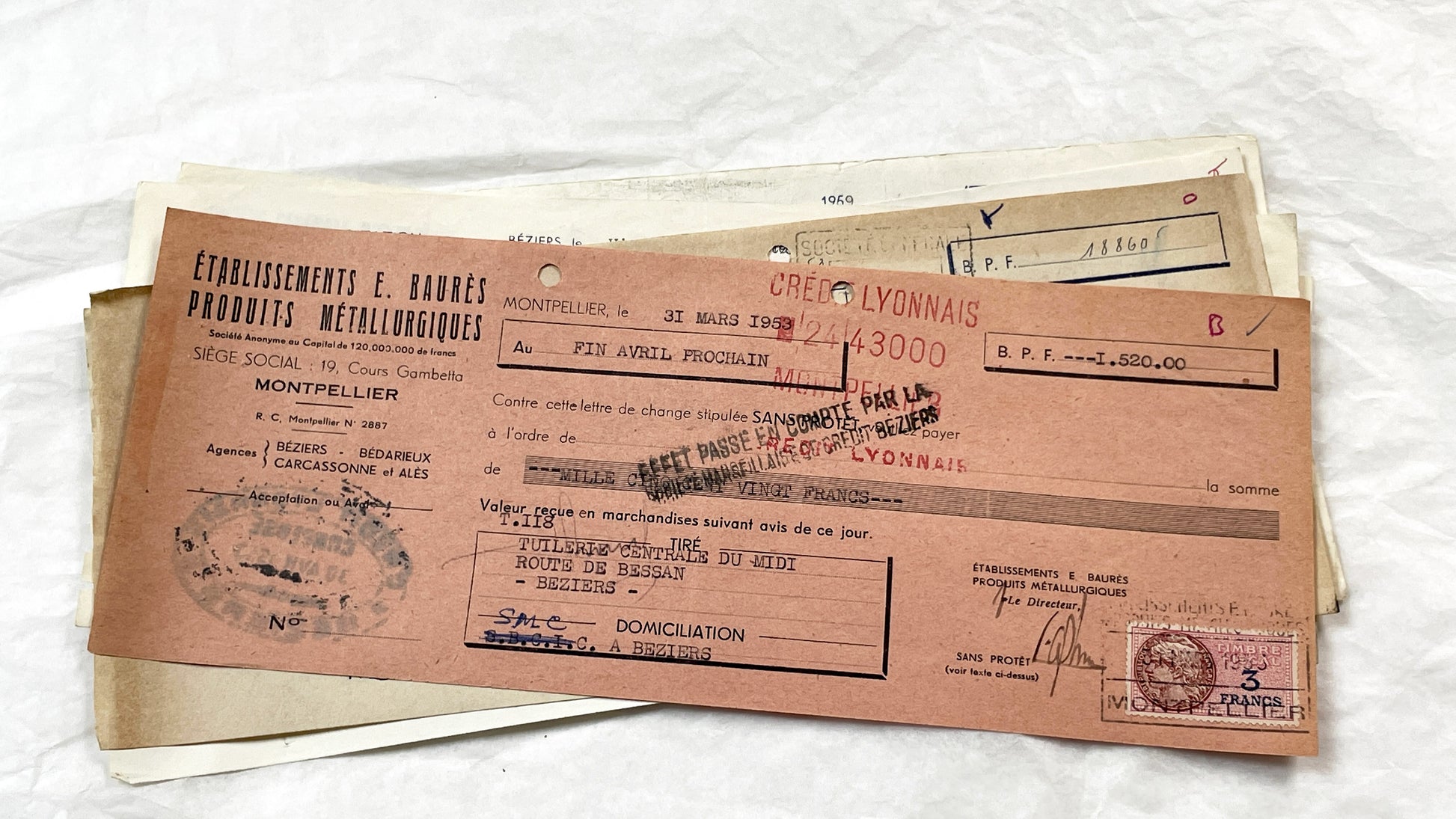 1950s - Lot of 6 Vintage French Bills of Exchange – Handwritten Commercial Documents with Stamps