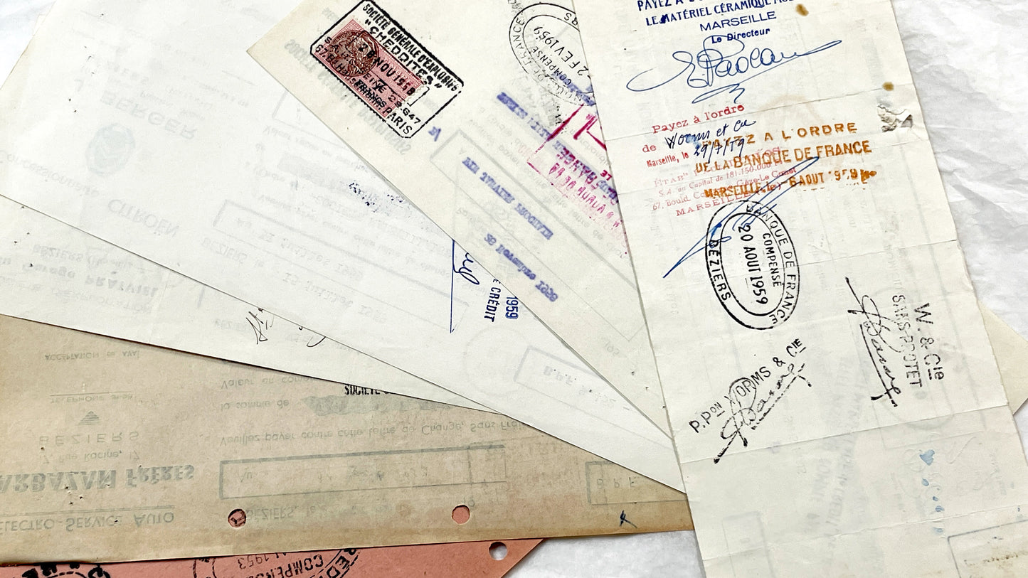 1950s - Lot of 6 Vintage French Bills of Exchange – Handwritten Commercial Documents with Stamps