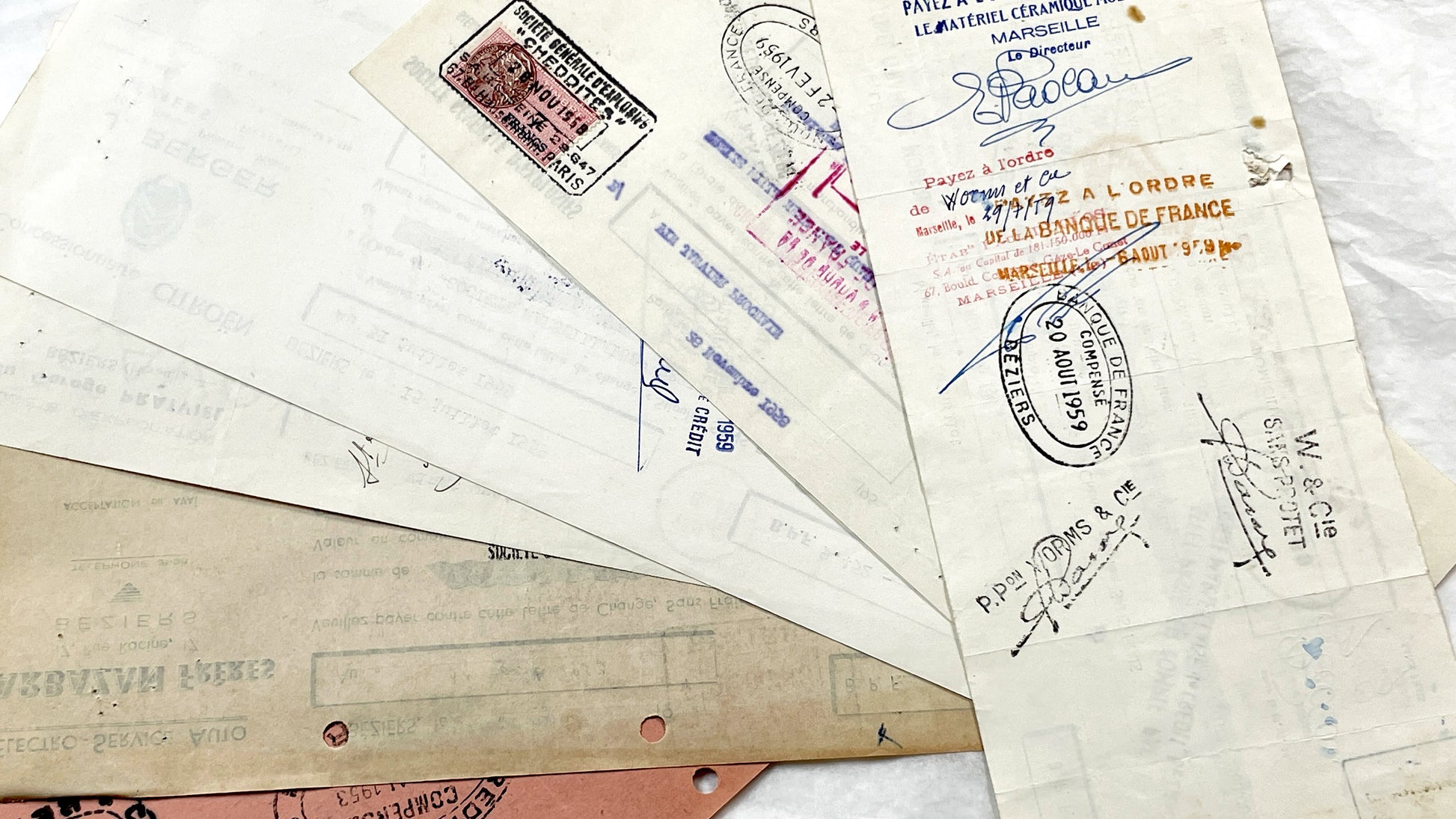 1950s - Lot of 6 Vintage French Bills of Exchange – Handwritten Commercial Documents with Stamps