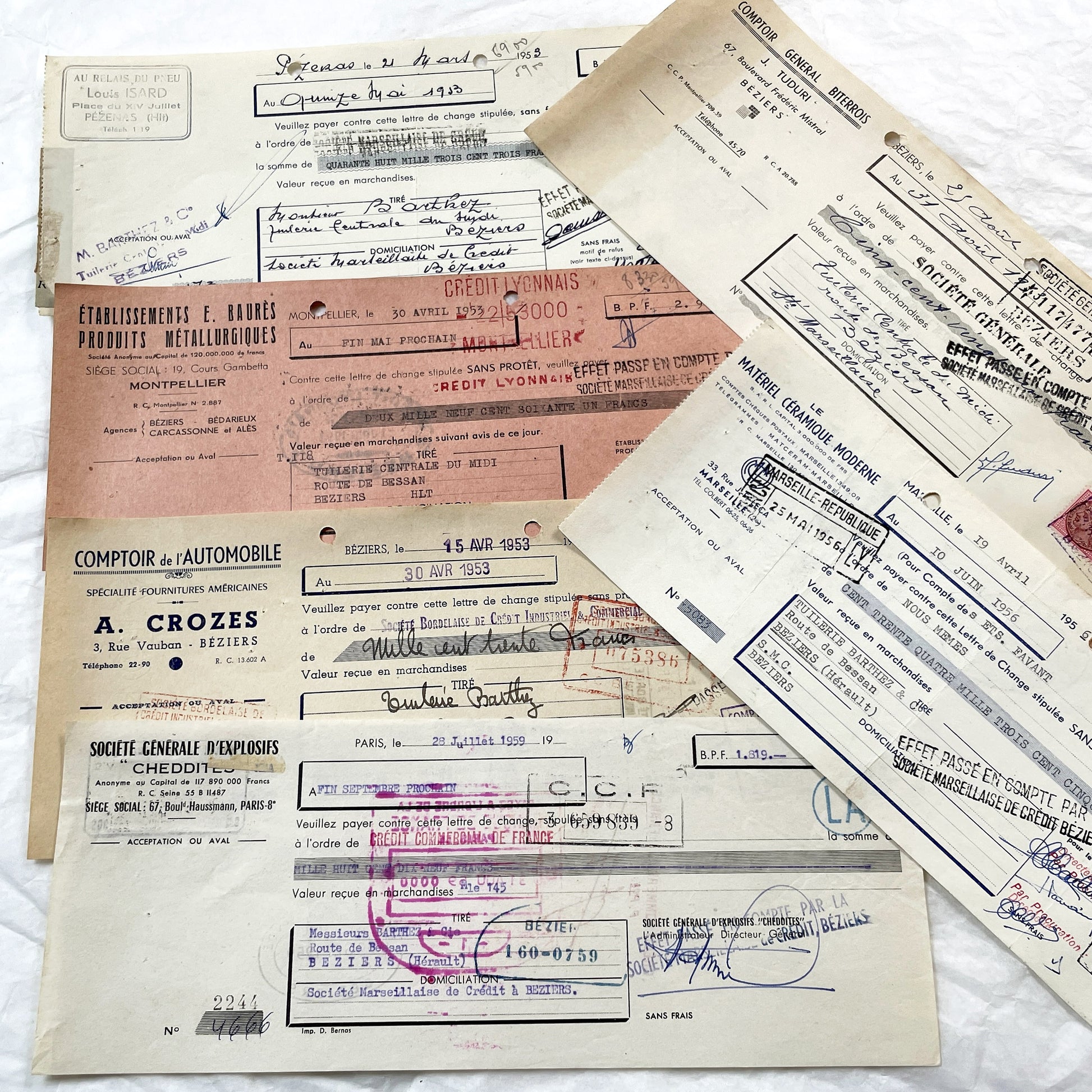 1950s - Lot of 6 Vintage French Bills of Exchange – Handwritten Commercial Documents with Stamps