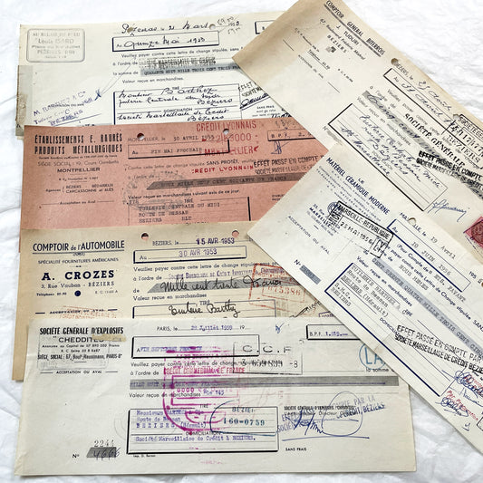 1950s - Lot of 6 Vintage French Bills of Exchange – Handwritten Commercial Documents with Stamps
