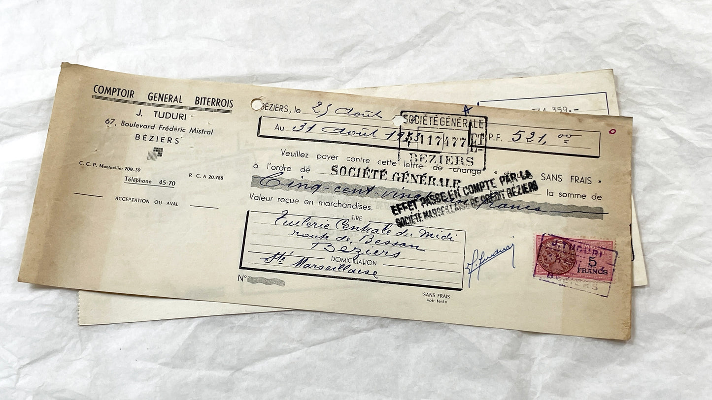 1950s - Lot of 6 Vintage French Bills of Exchange – Handwritten Commercial Documents with Stamps