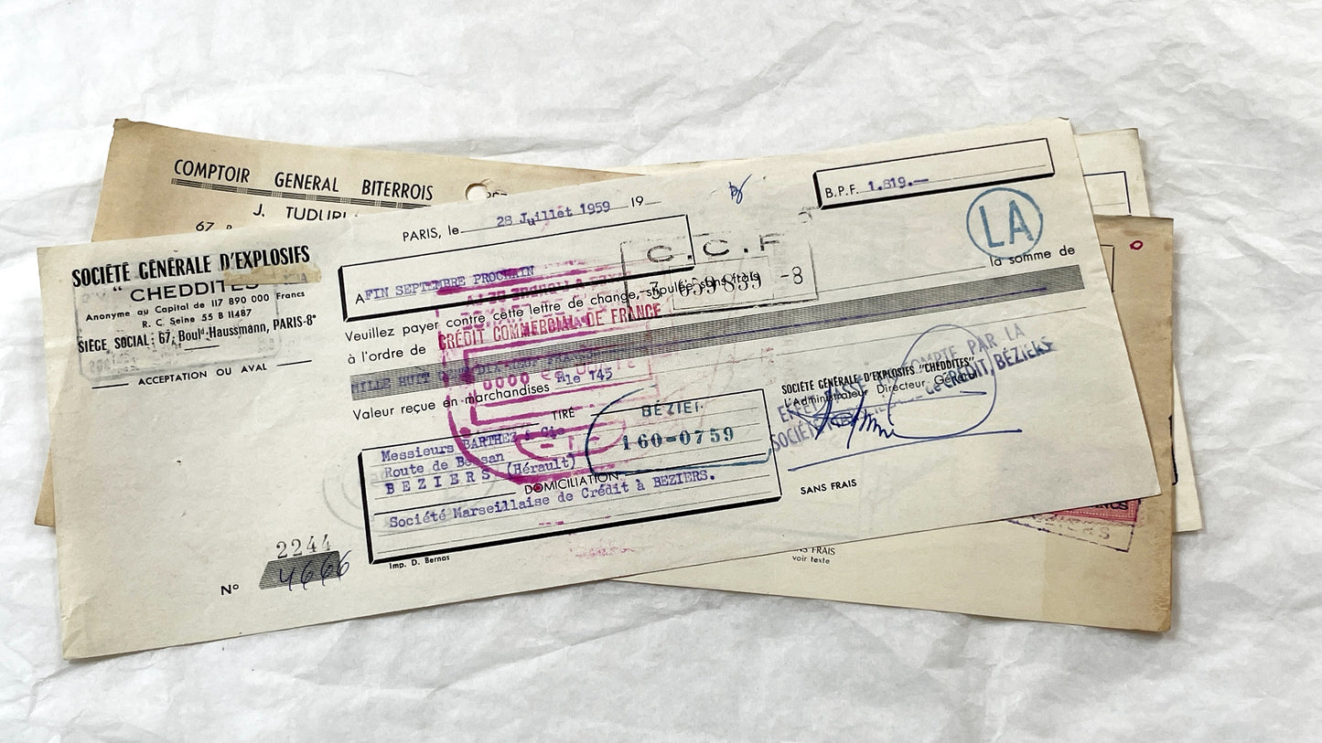 1950s - Lot of 6 Vintage French Bills of Exchange – Handwritten Commercial Documents with Stamps