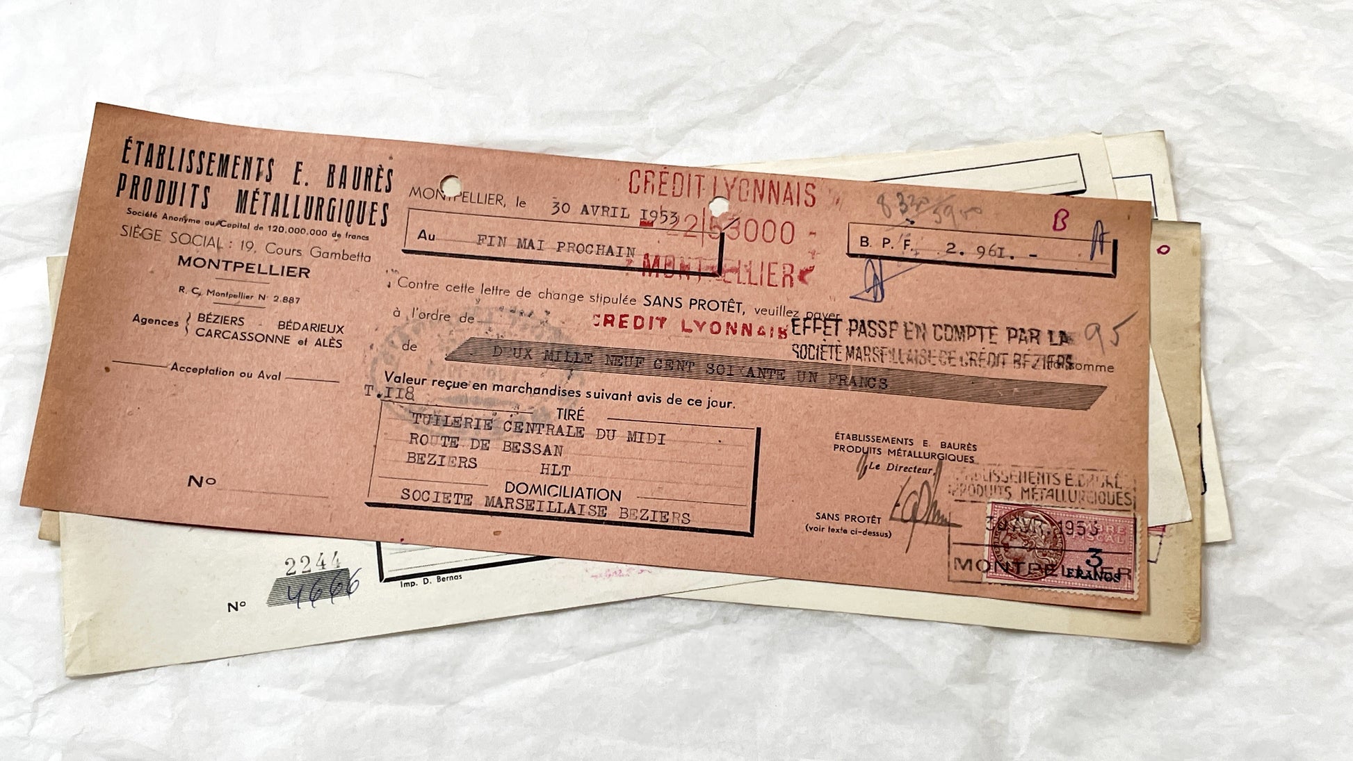 1950s - Lot of 6 Vintage French Bills of Exchange – Handwritten Commercial Documents with Stamps