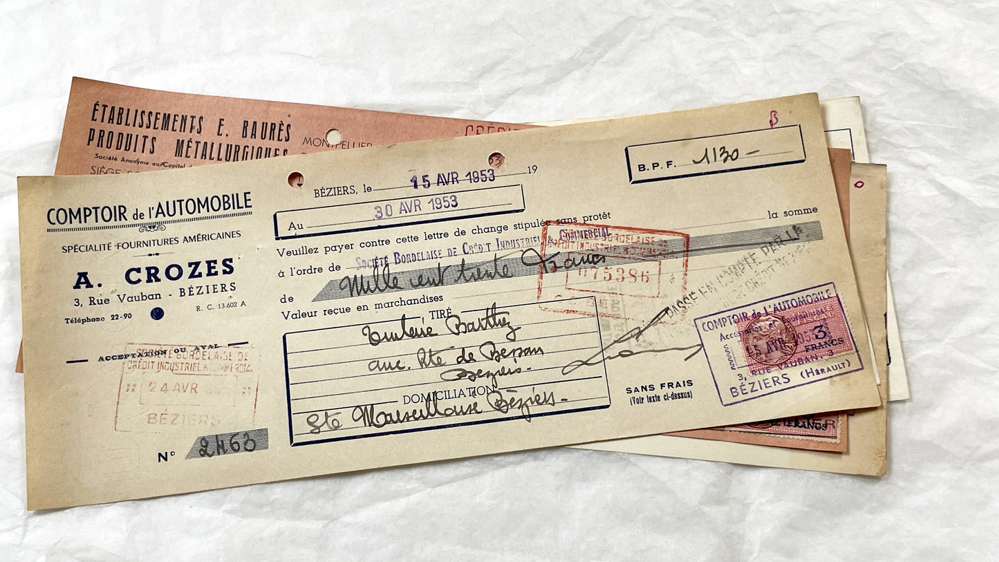 1950s - Lot of 6 Vintage French Bills of Exchange – Handwritten Commercial Documents with Stamps