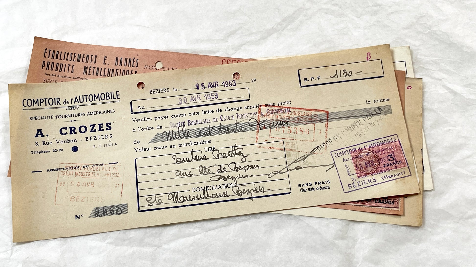 1950s - Lot of 6 Vintage French Bills of Exchange – Handwritten Commercial Documents with Stamps