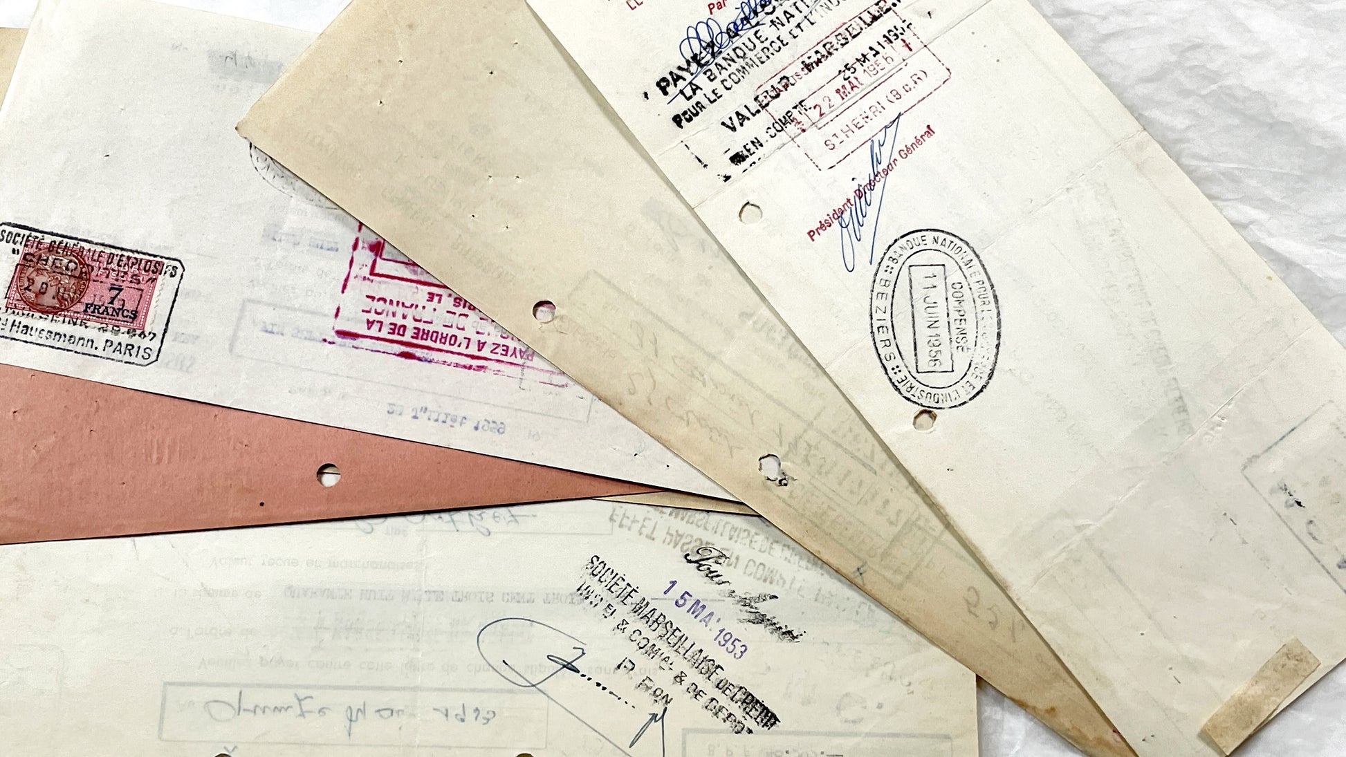 1950s - Lot of 6 Vintage French Bills of Exchange – Handwritten Commercial Documents with Stamps