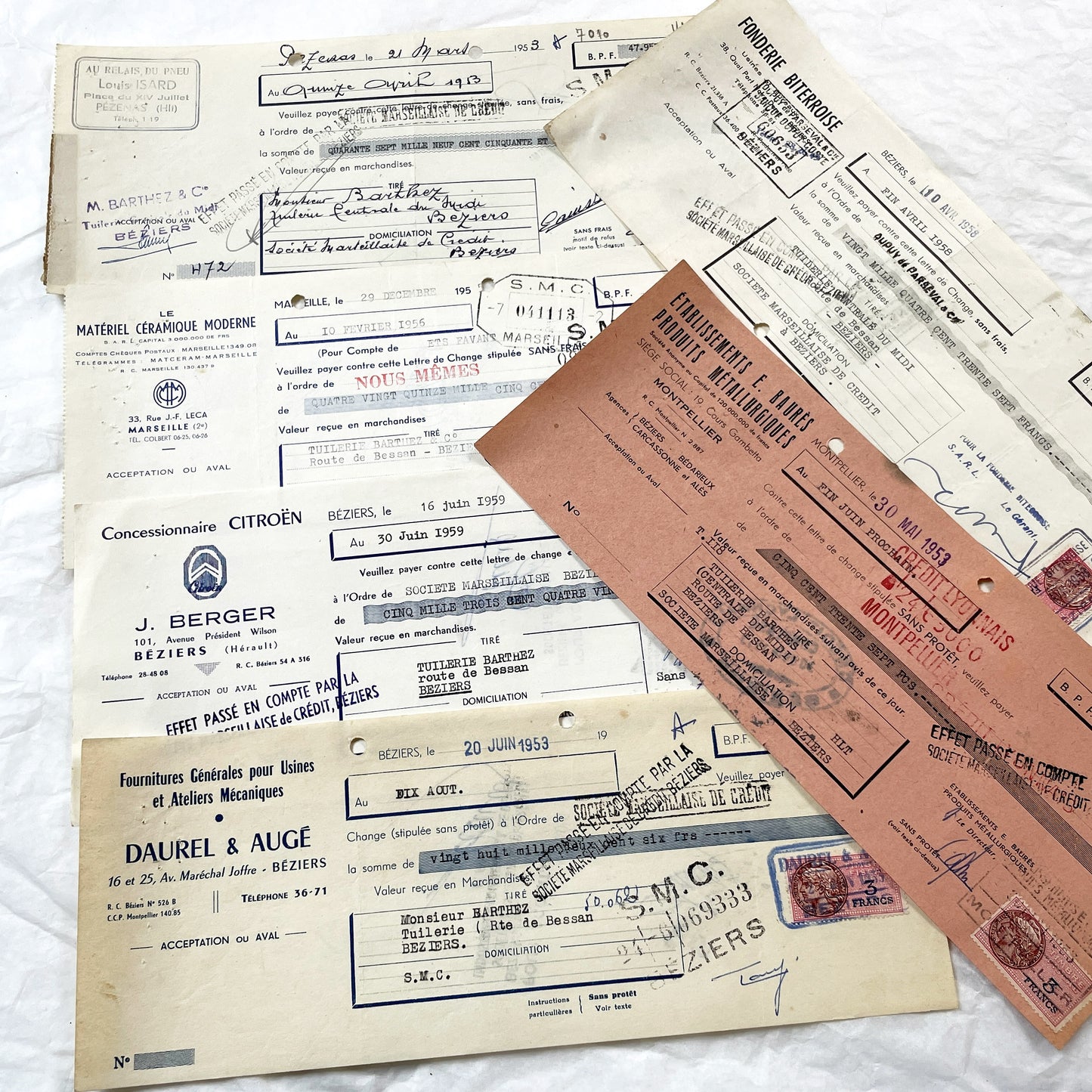 1950s - Lot of 6 Vintage French Bills of Exchange – Handwritten Commercial Documents with Stamps