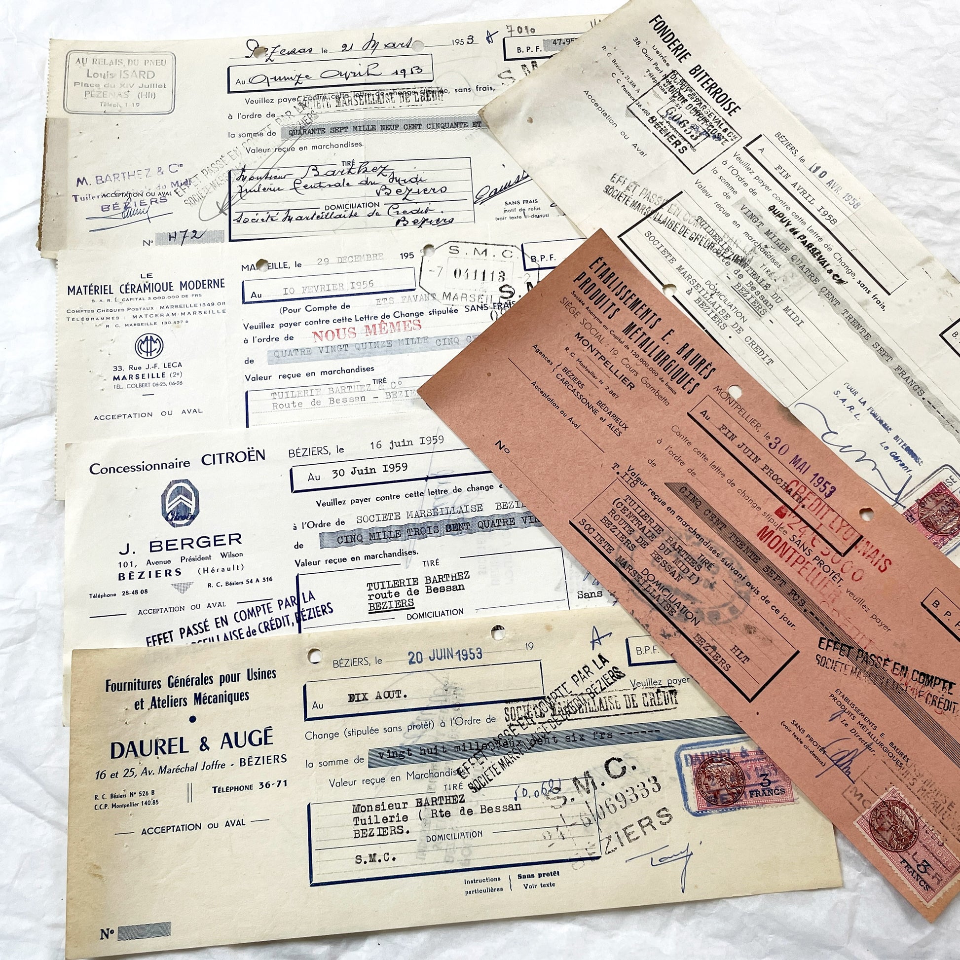 1950s - Lot of 6 Vintage French Bills of Exchange – Handwritten Commercial Documents with Stamps