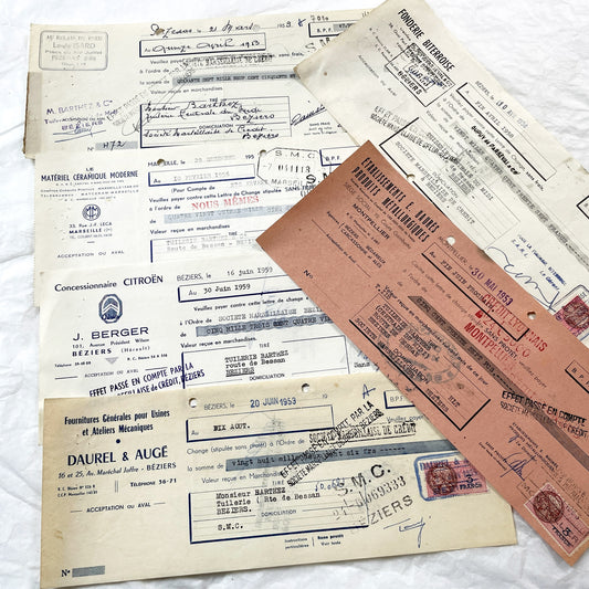 1950s - Lot of 6 Vintage French Bills of Exchange – Handwritten Commercial Documents with Stamps