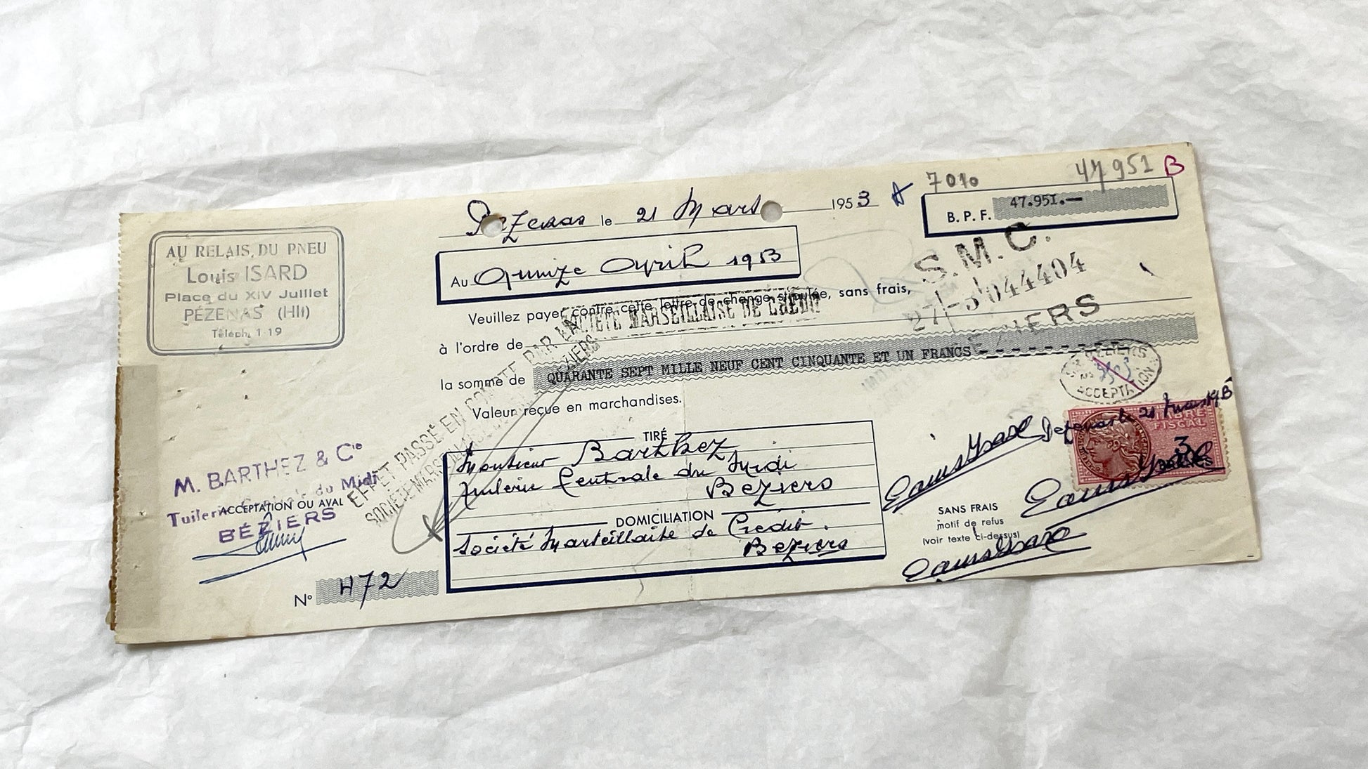 1950s - Lot of 6 Vintage French Bills of Exchange – Handwritten Commercial Documents with Stamps