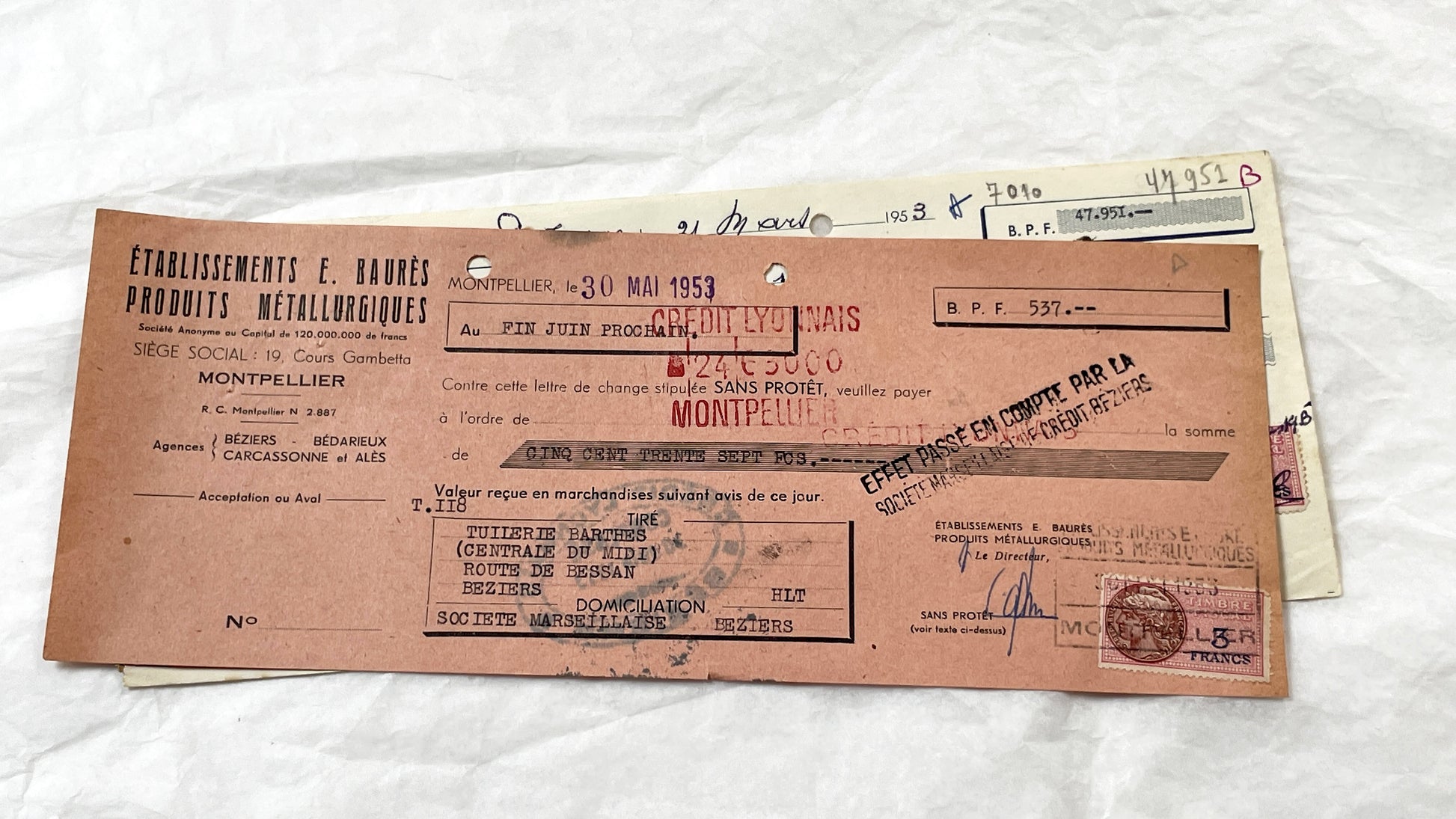 1950s - Lot of 6 Vintage French Bills of Exchange – Handwritten Commercial Documents with Stamps