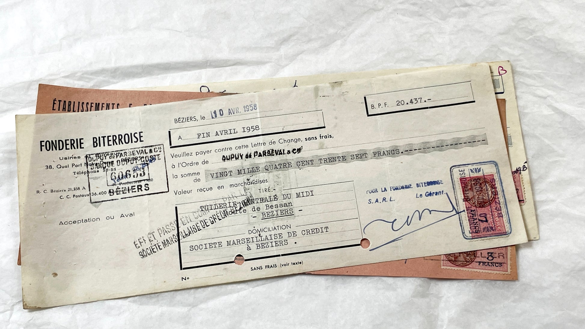 1950s - Lot of 6 Vintage French Bills of Exchange – Handwritten Commercial Documents with Stamps