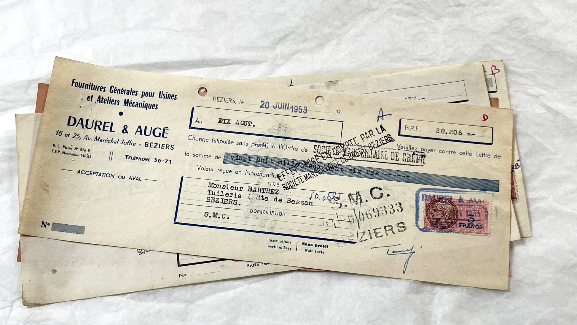 1950s - Lot of 6 Vintage French Bills of Exchange – Handwritten Commercial Documents with Stamps