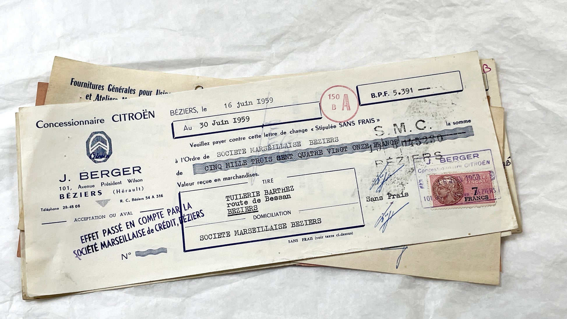 1950s - Lot of 6 Vintage French Bills of Exchange – Handwritten Commercial Documents with Stamps
