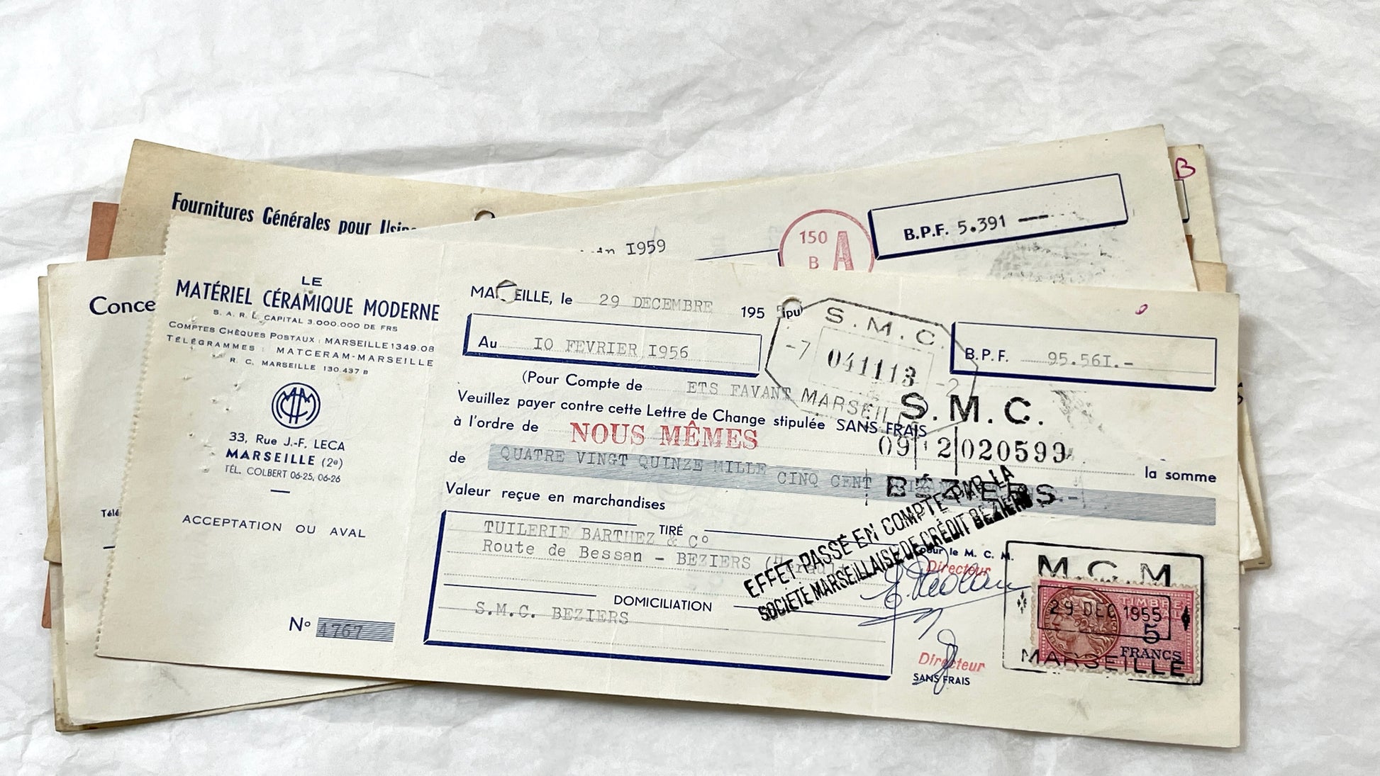 1950s - Lot of 6 Vintage French Bills of Exchange – Handwritten Commercial Documents with Stamps