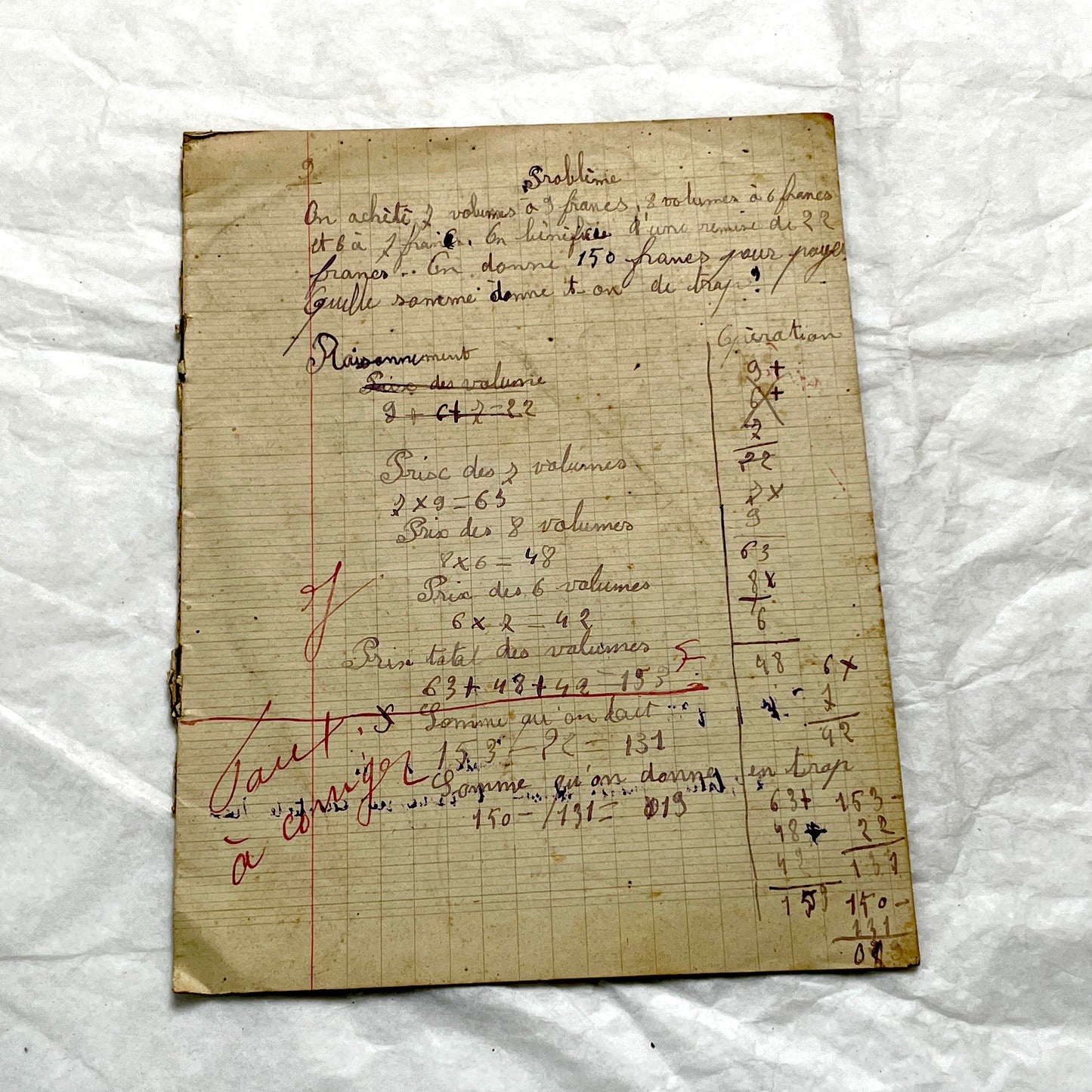 1920s - Vintage French School Notebook - Young Girl's Handwritten Exercises - Arithmetic - History - Language