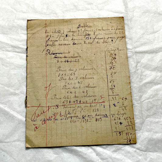 1920s - Vintage French School Notebook - Young Girl's Handwritten Exercises - Arithmetic - History - Language