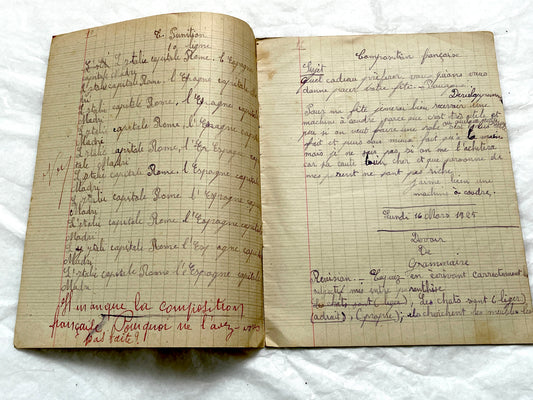 1920s - Vintage French School Notebook - Young Girl's Handwritten Exercises - Arithmetic - History - Language