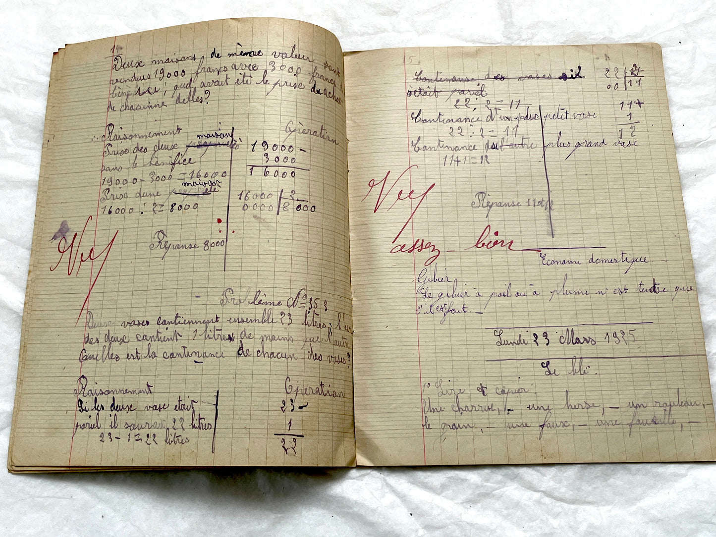 1920s - Vintage French School Notebook - Young Girl's Handwritten Exercises - Arithmetic - History - Language