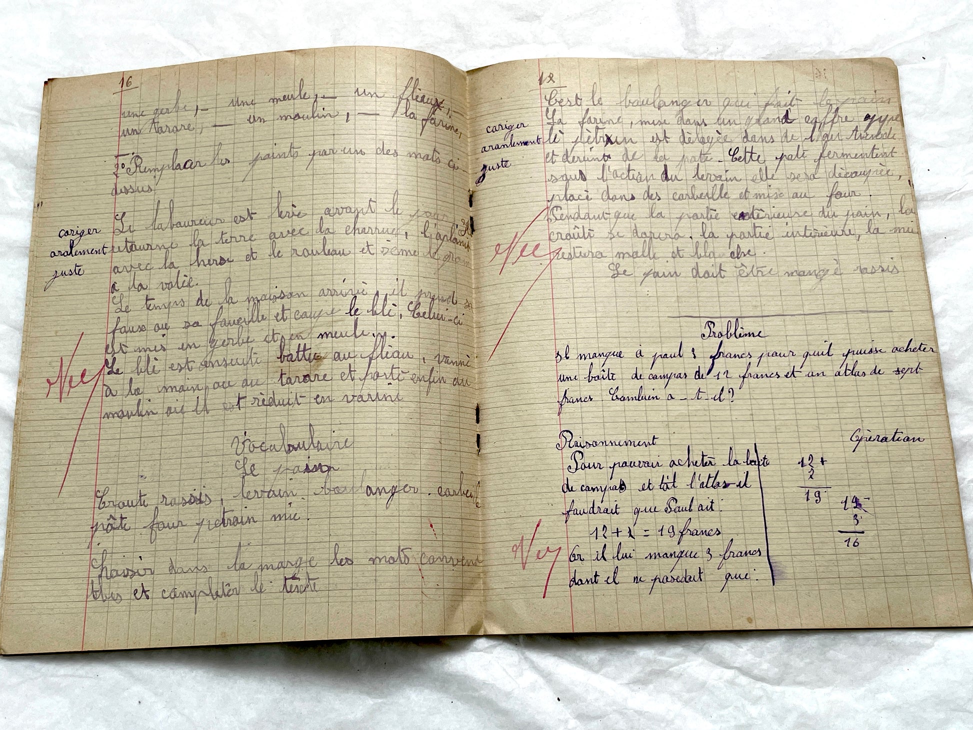 1920s - Vintage French School Notebook - Young Girl's Handwritten Exercises - Arithmetic - History - Language