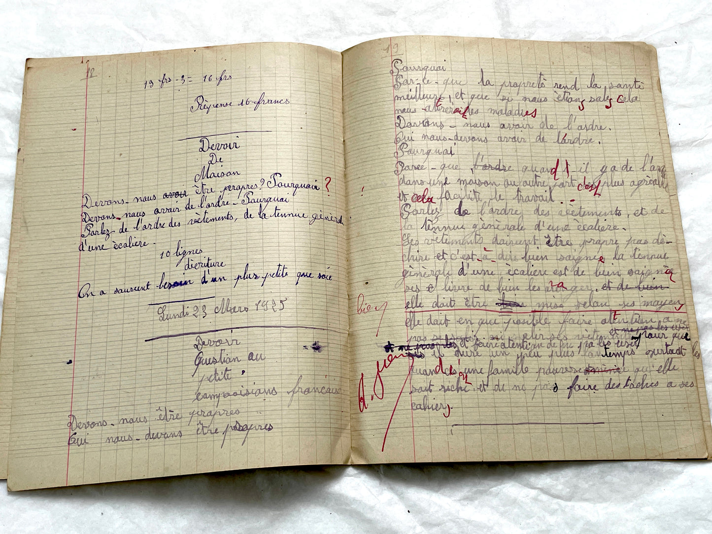 1920s - Vintage French School Notebook - Young Girl's Handwritten Exercises - Arithmetic - History - Language