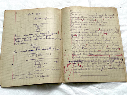 1920s - Vintage French School Notebook - Young Girl's Handwritten Exercises - Arithmetic - History - Language