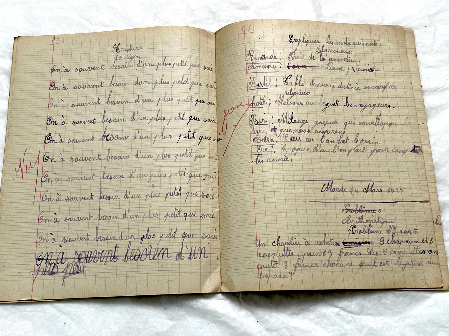 1920s - Vintage French School Notebook - Young Girl's Handwritten Exercises - Arithmetic - History - Language