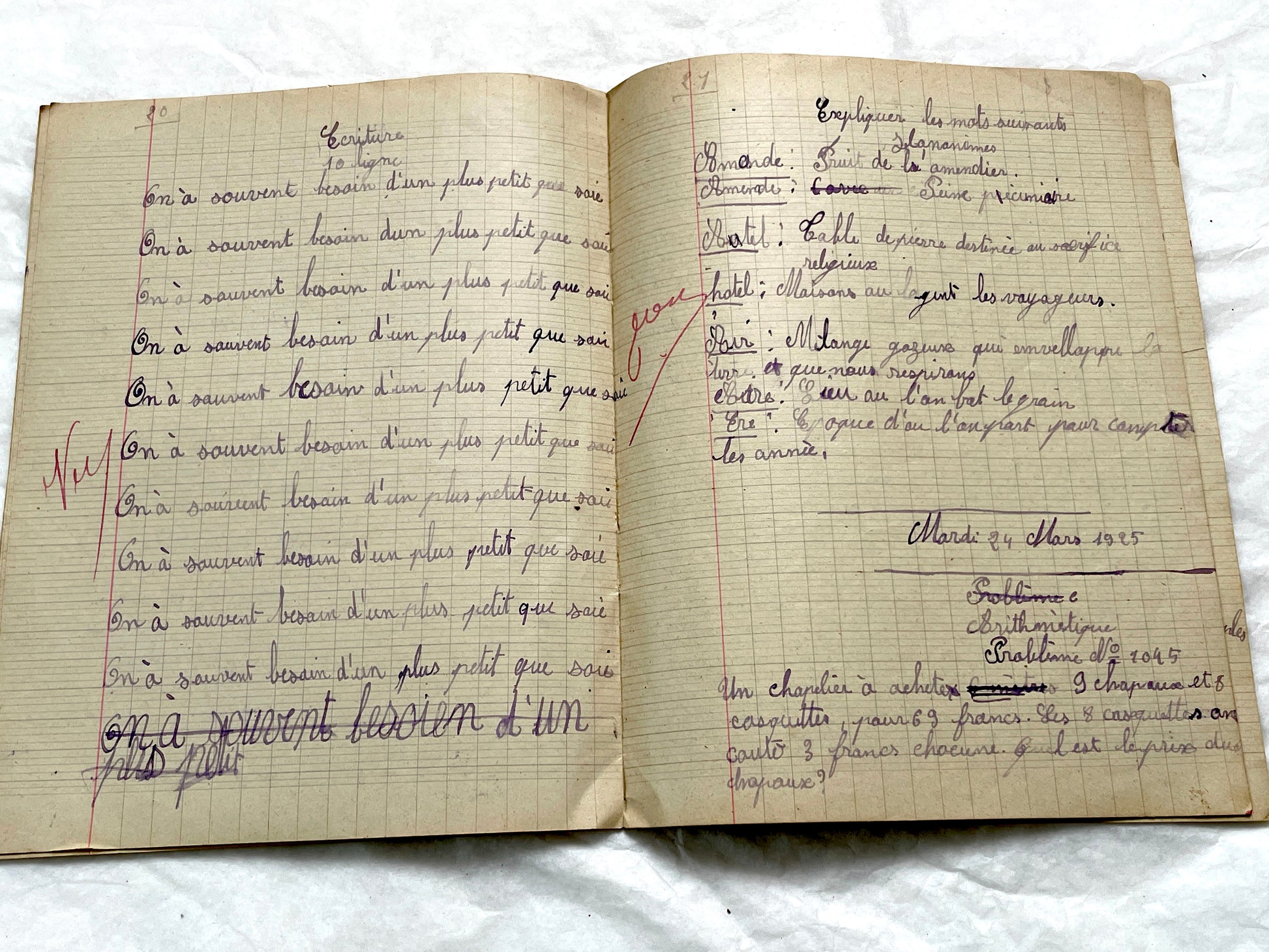 1920s - Vintage French School Notebook - Young Girl's Handwritten Exercises - Arithmetic - History - Language