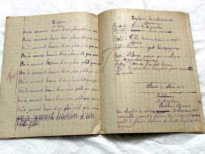 1920s - Vintage French School Notebook - Young Girl's Handwritten Exercises - Arithmetic - History - Language