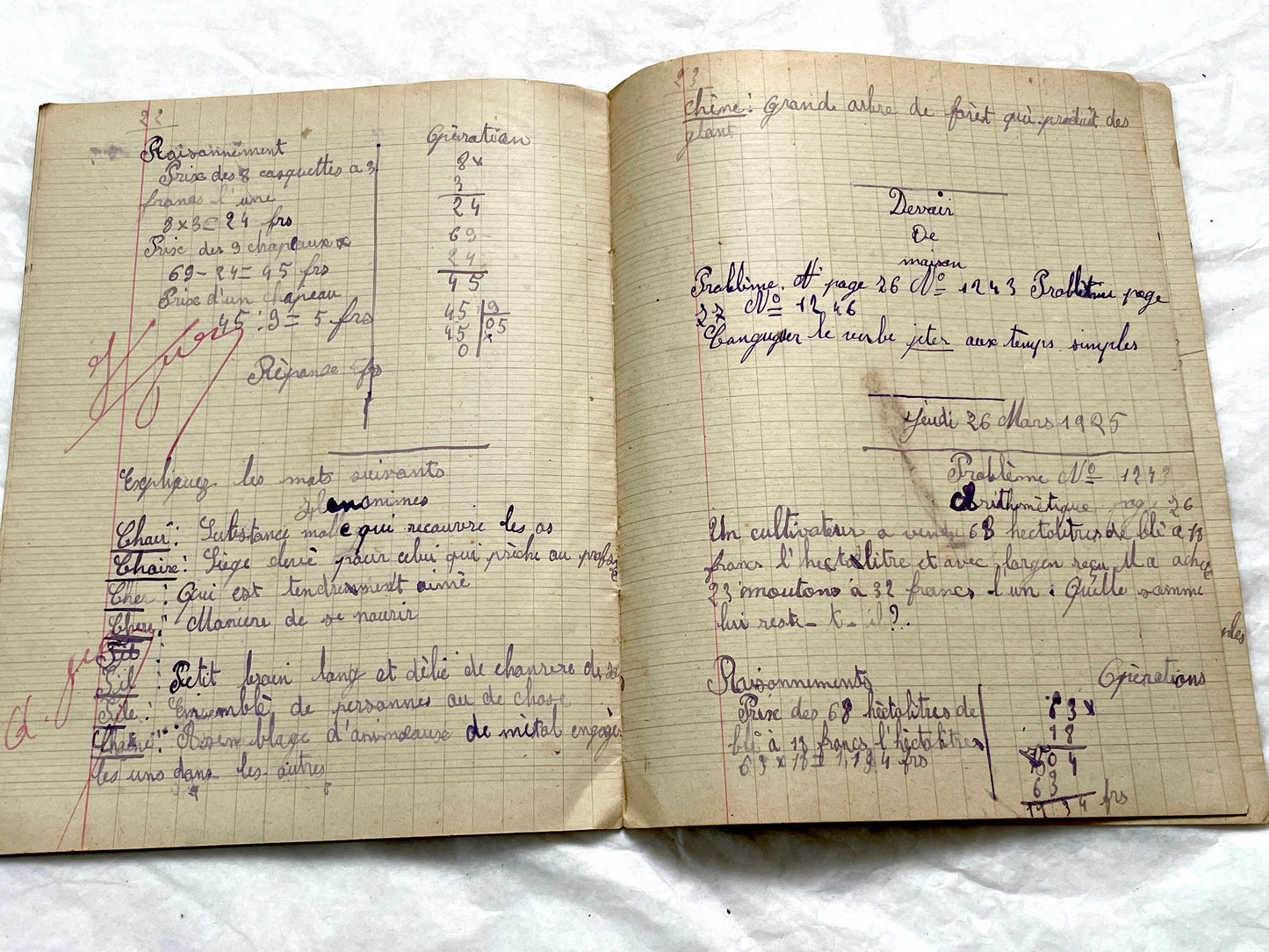 1920s - Vintage French School Notebook - Young Girl's Handwritten Exercises - Arithmetic - History - Language