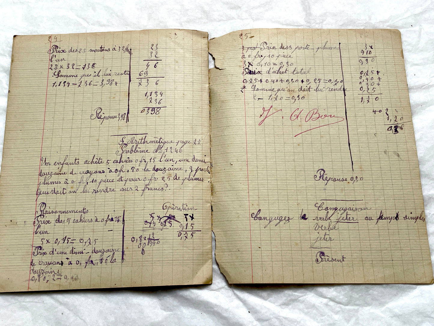 1920s - Vintage French School Notebook - Young Girl's Handwritten Exercises - Arithmetic - History - Language