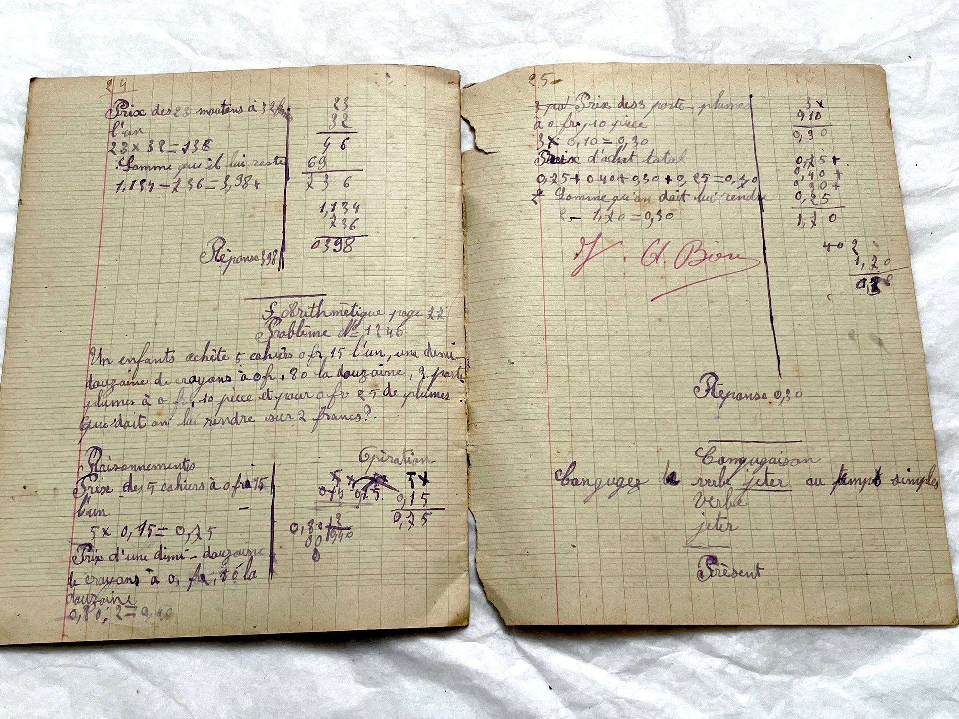 1920s - Vintage French School Notebook - Young Girl's Handwritten Exercises - Arithmetic - History - Language