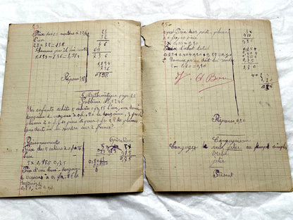 1920s - Vintage French School Notebook - Young Girl's Handwritten Exercises - Arithmetic - History - Language