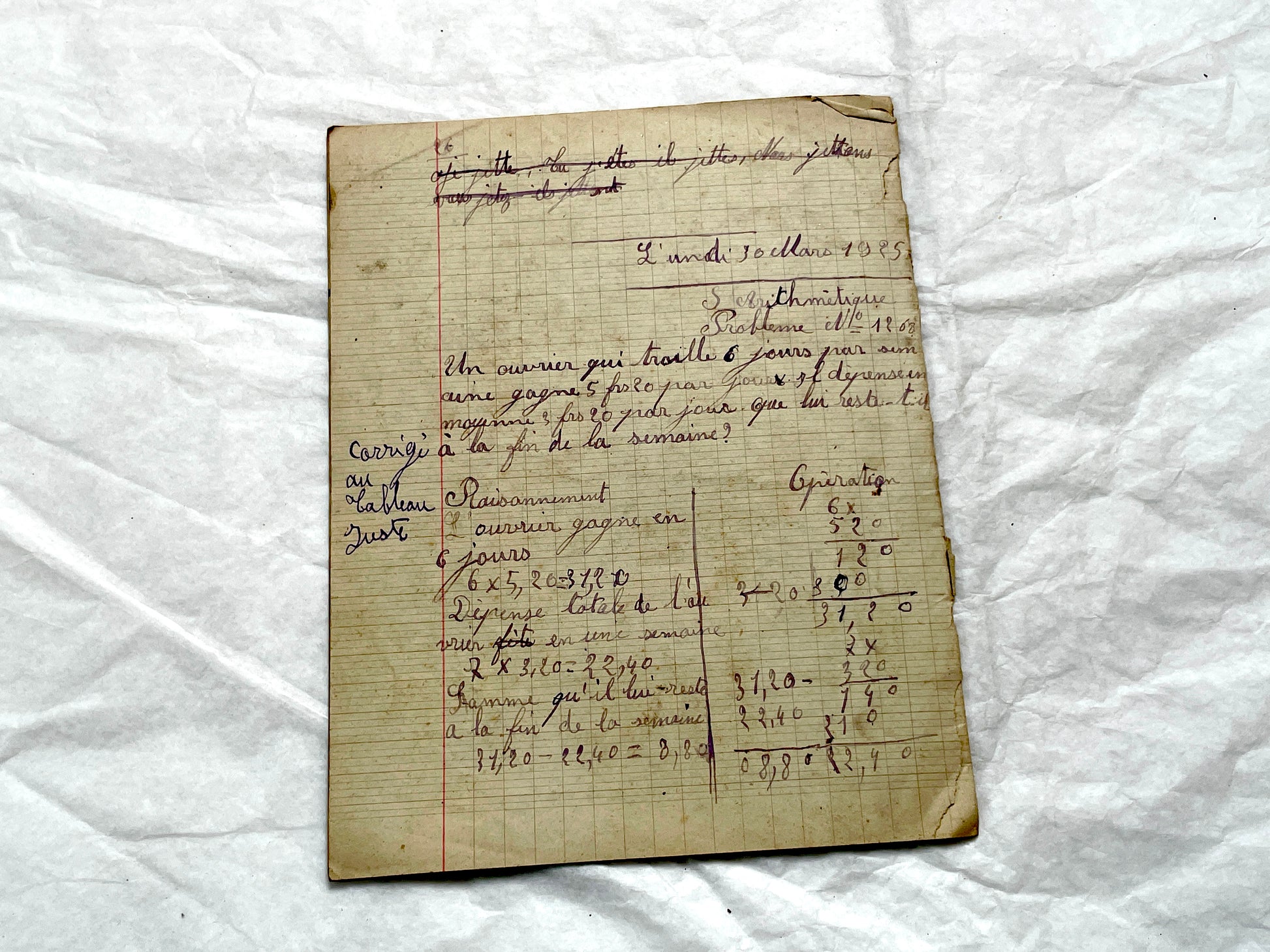 1920s - Vintage French School Notebook - Young Girl's Handwritten Exercises - Arithmetic - History - Language