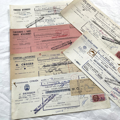 1950s - Lot of 6 Vintage French Bills of Exchange – Handwritten Commercial Documents with Stamps