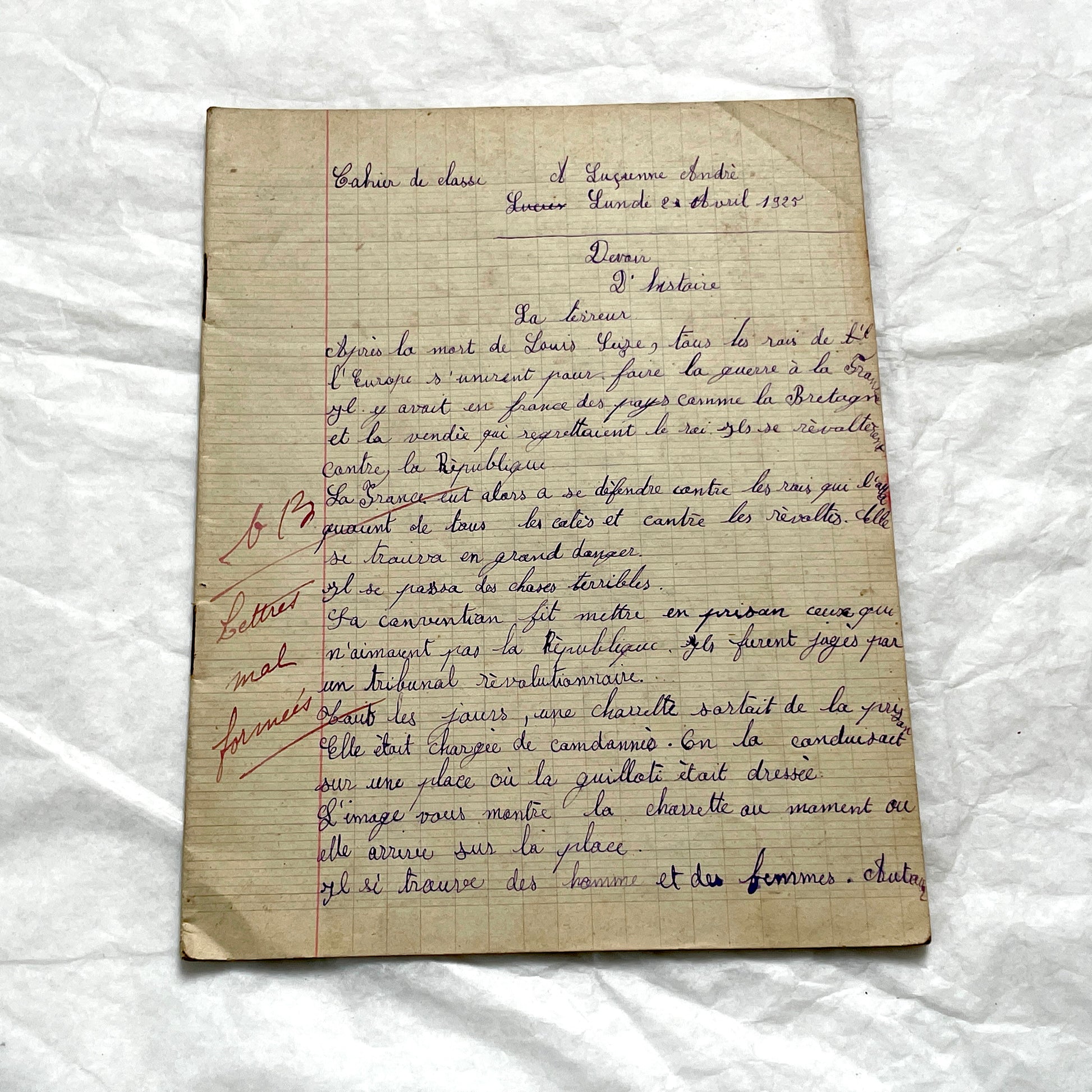 1920s - French Girl's School Notebook - Authentic Vintage French School Exercise Book - Historical Handwritten Education Ephemera