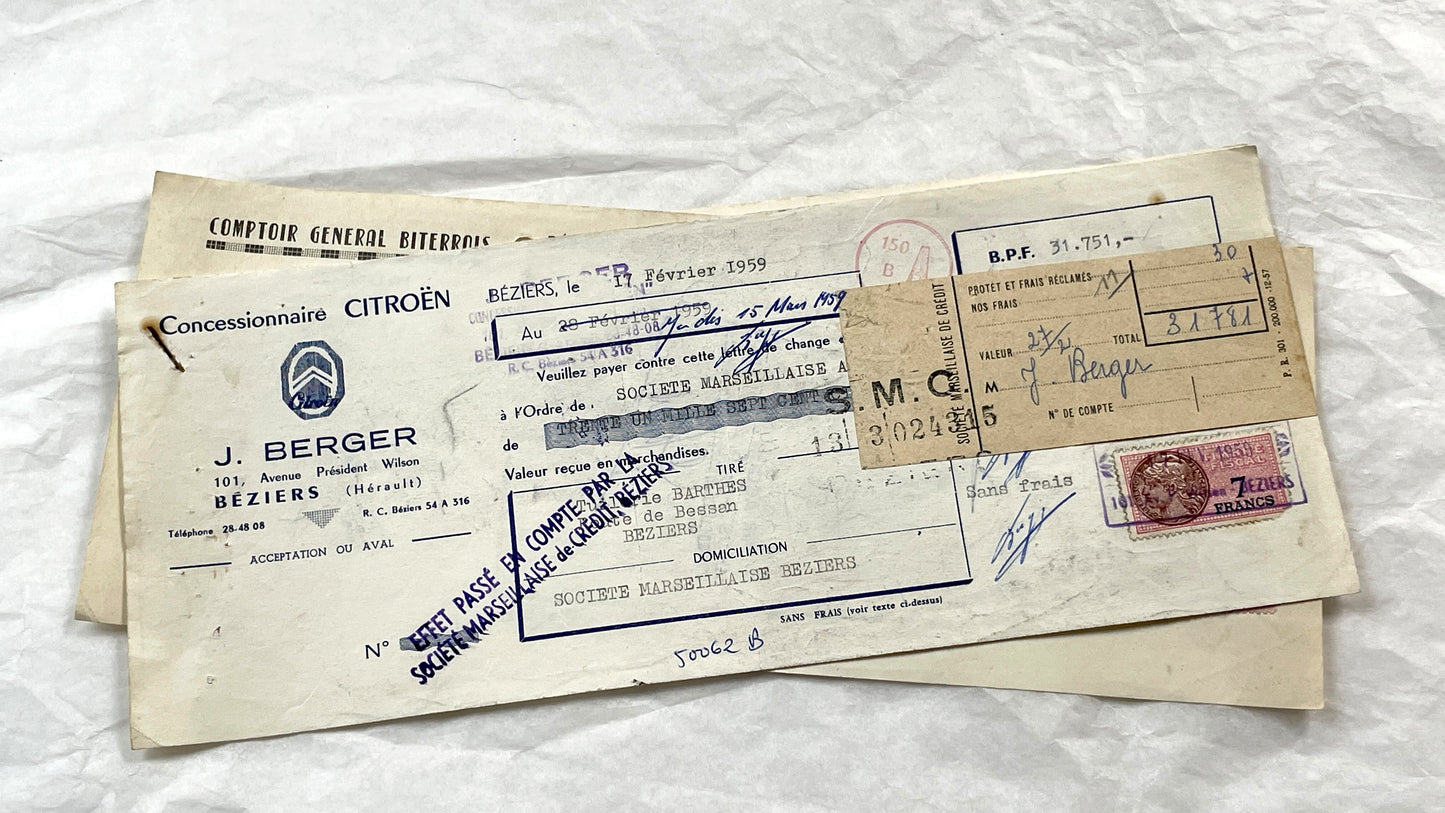 1950s - Lot of 6 Vintage French Bills of Exchange – Handwritten Commercial Documents with Stamps