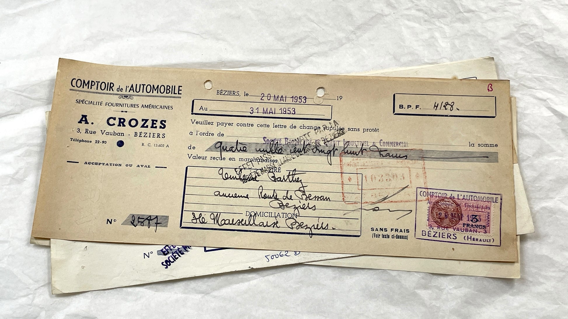 1950s - Lot of 6 Vintage French Bills of Exchange – Handwritten Commercial Documents with Stamps