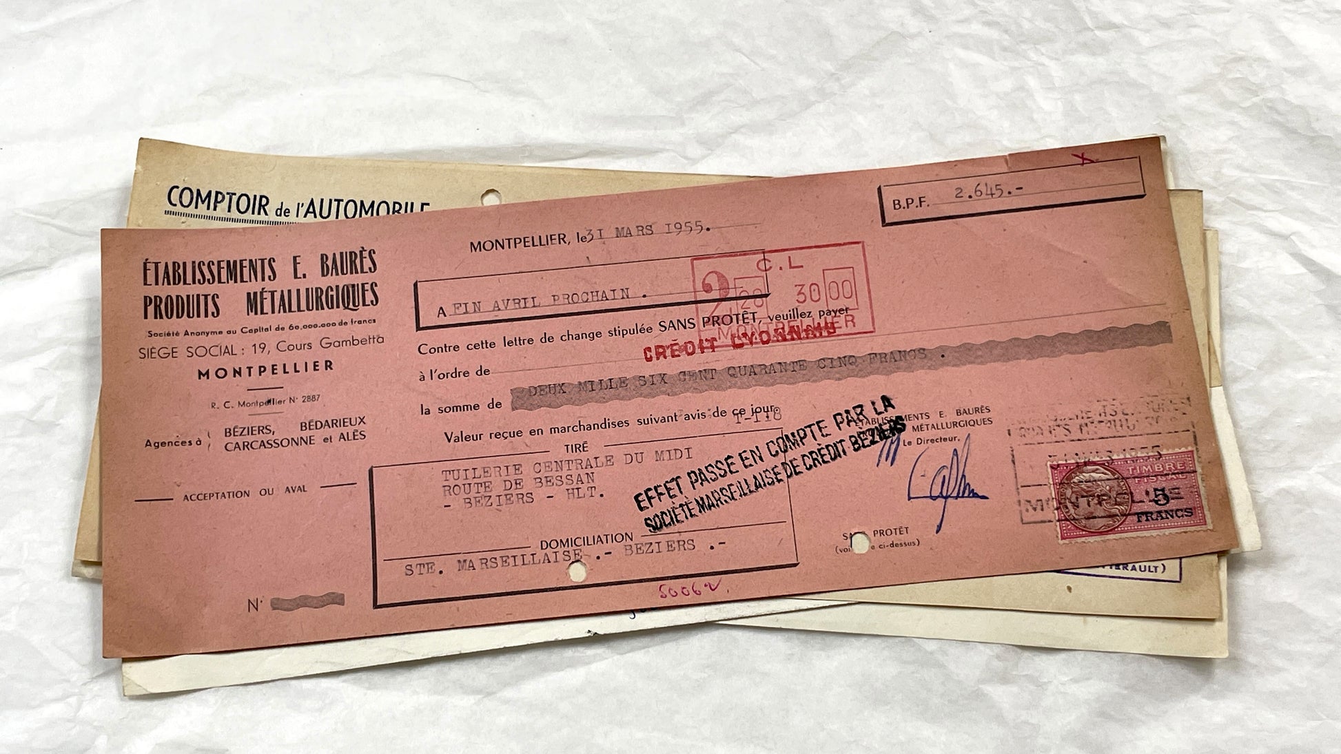 1950s - Lot of 6 Vintage French Bills of Exchange – Handwritten Commercial Documents with Stamps