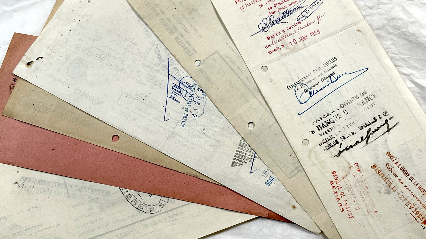 1950s - Lot of 6 Vintage French Bills of Exchange – Handwritten Commercial Documents with Stamps