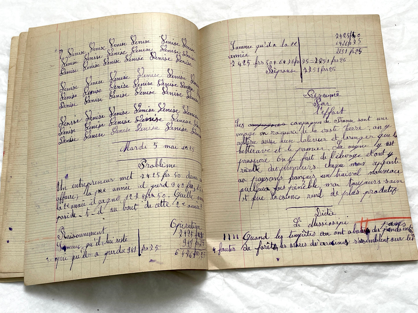 1920s - French Girl's School Notebook - Authentic Vintage French School Exercise Book - Historical Handwritten Education Ephemera