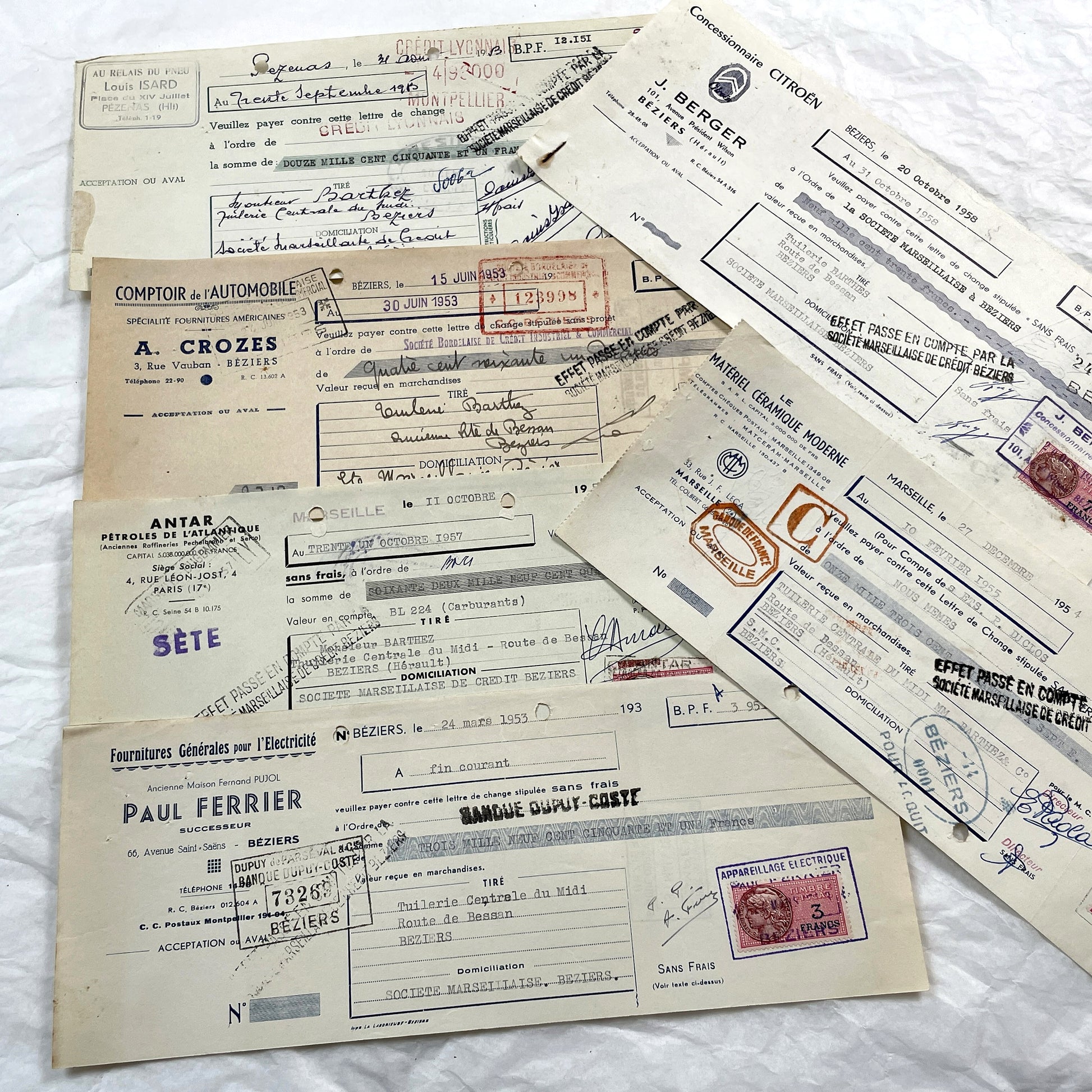1950s - Lot of 6 Vintage French Bills of Exchange – Handwritten Commercial Documents with Stamps