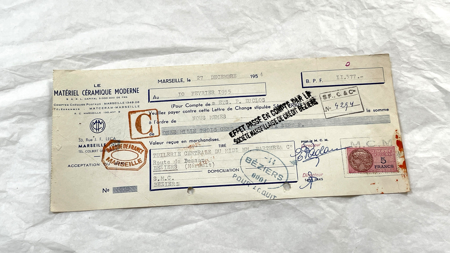 1950s - Lot of 6 Vintage French Bills of Exchange – Handwritten Commercial Documents with Stamps