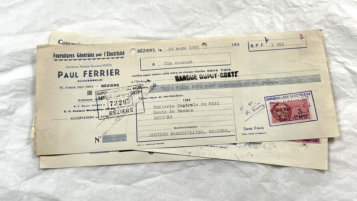 1950s - Lot of 6 Vintage French Bills of Exchange – Handwritten Commercial Documents with Stamps