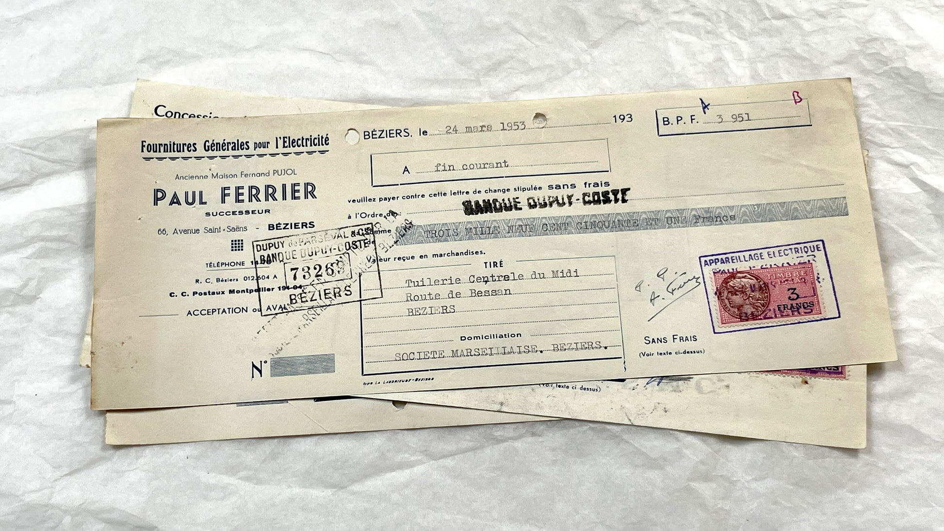 1950s - Lot of 6 Vintage French Bills of Exchange – Handwritten Commercial Documents with Stamps