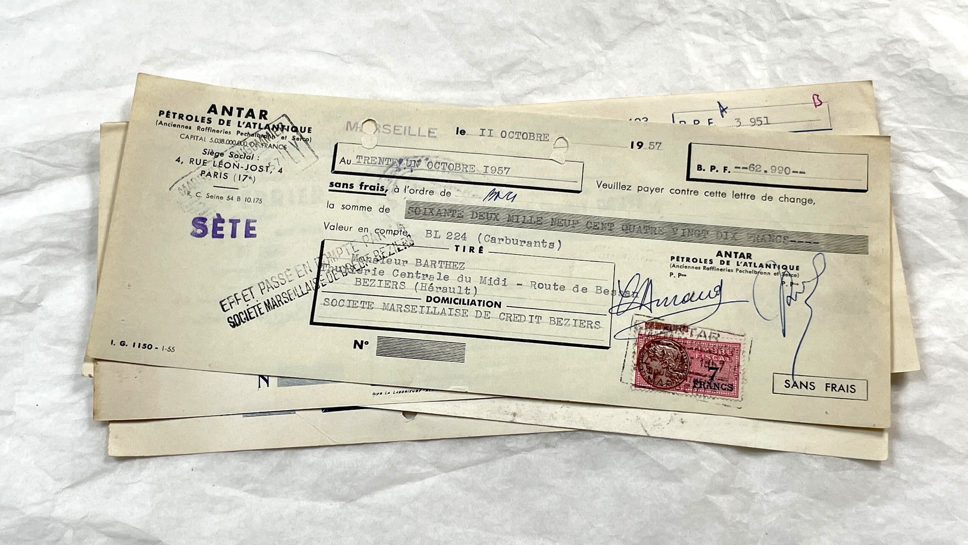 1950s - Lot of 6 Vintage French Bills of Exchange – Handwritten Commercial Documents with Stamps